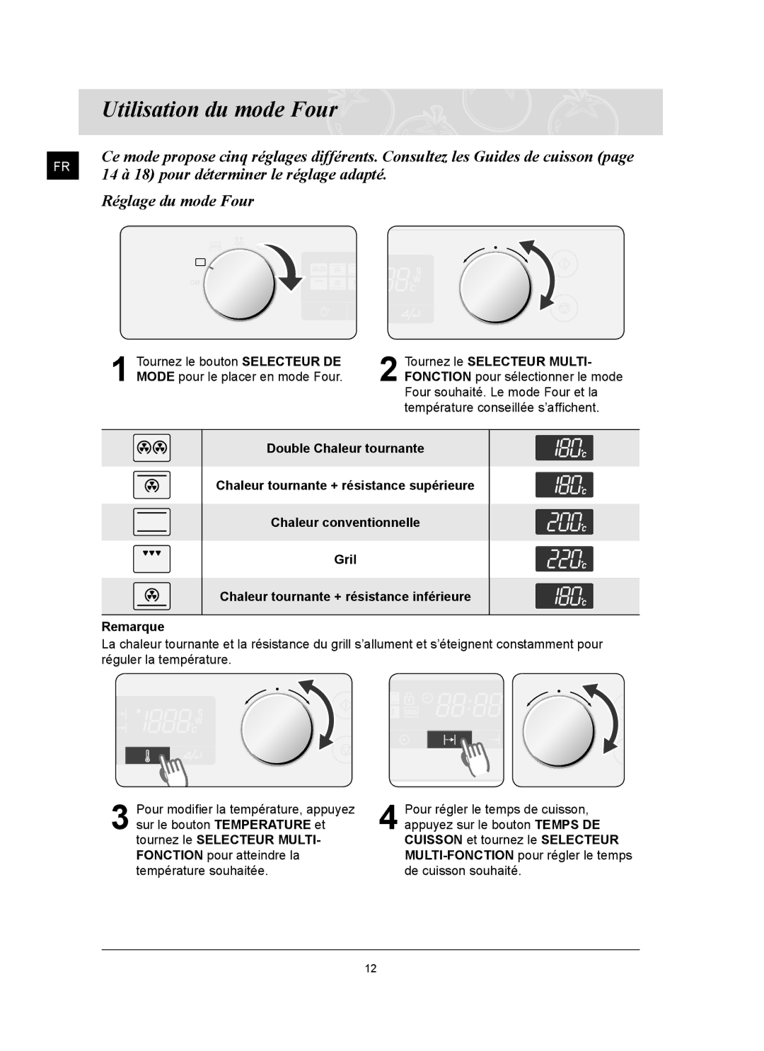 Samsung CQ1570U/XEF manual Utilisation du mode Four, 14 à 18 pour déterminer le réglage adapté, Réglage du mode Four 