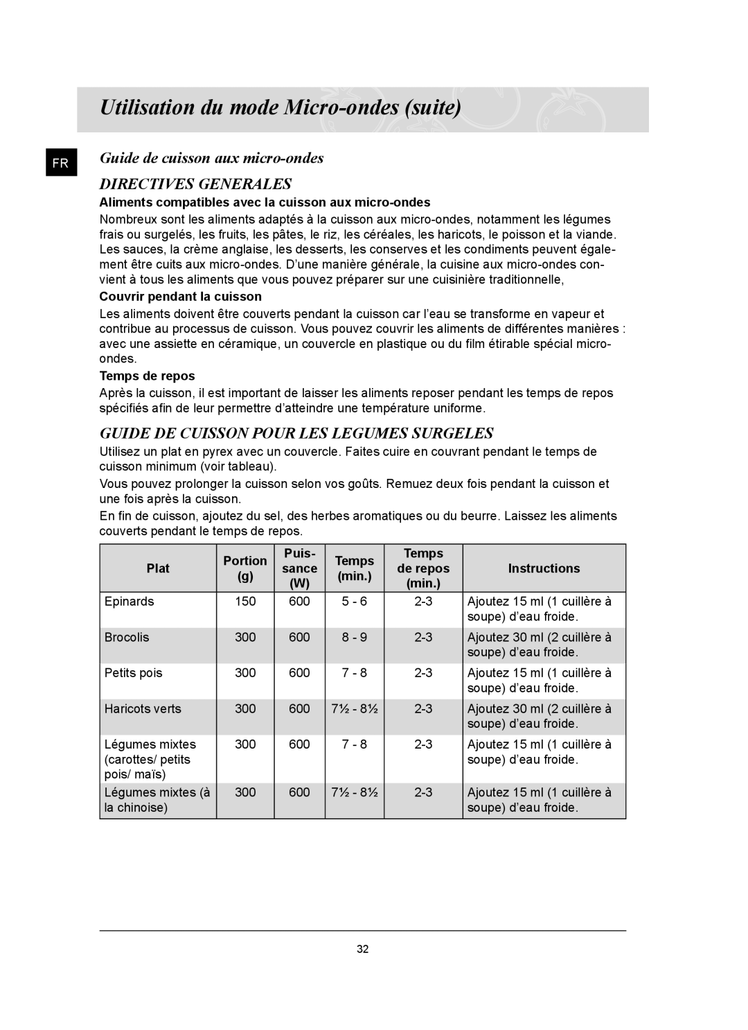 Samsung CQ1570U/XEF Guide de cuisson aux micro-ondes, Directives Generales, Guide DE Cuisson Pour LES Legumes Surgeles 