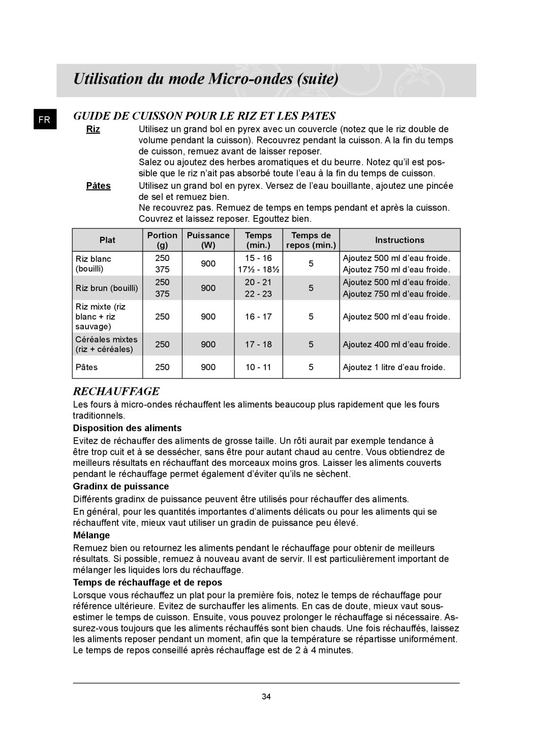 Samsung CQ1570U/XEF manual Guide DE Cuisson Pour LE RIZ ET LES Pates, Rechauffage 