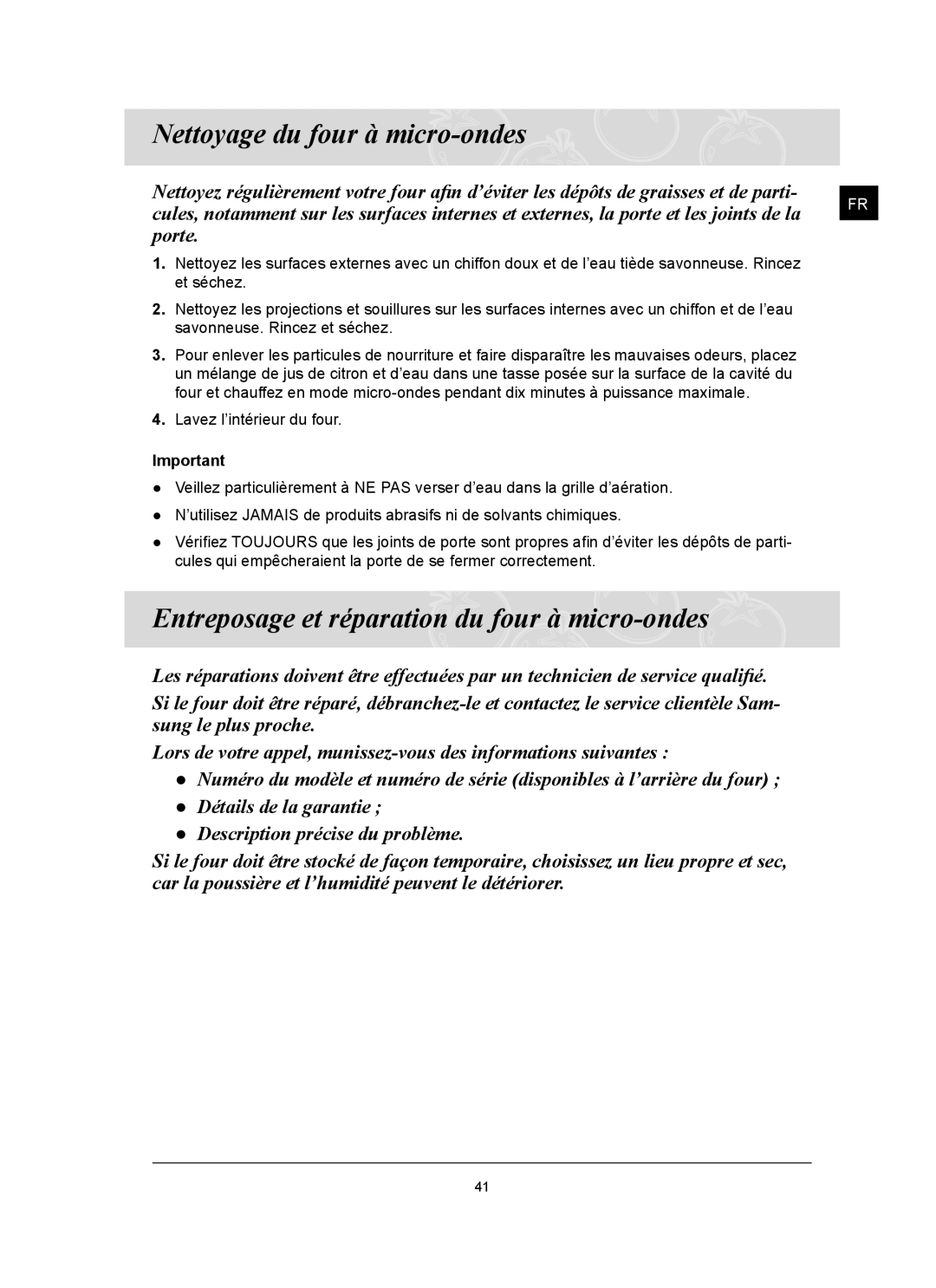 Samsung CQ1570U/XEF manual Nettoyage du four à micro-ondes, Entreposage et réparation du four à micro-ondes 