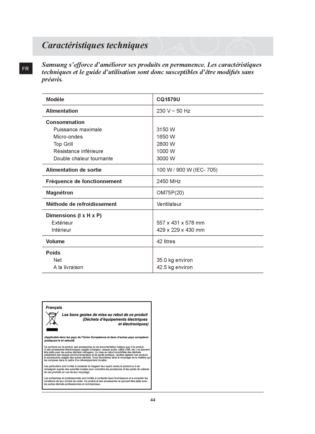 Samsung CQ1570U/XEF manual Caractéristiques techniques 
