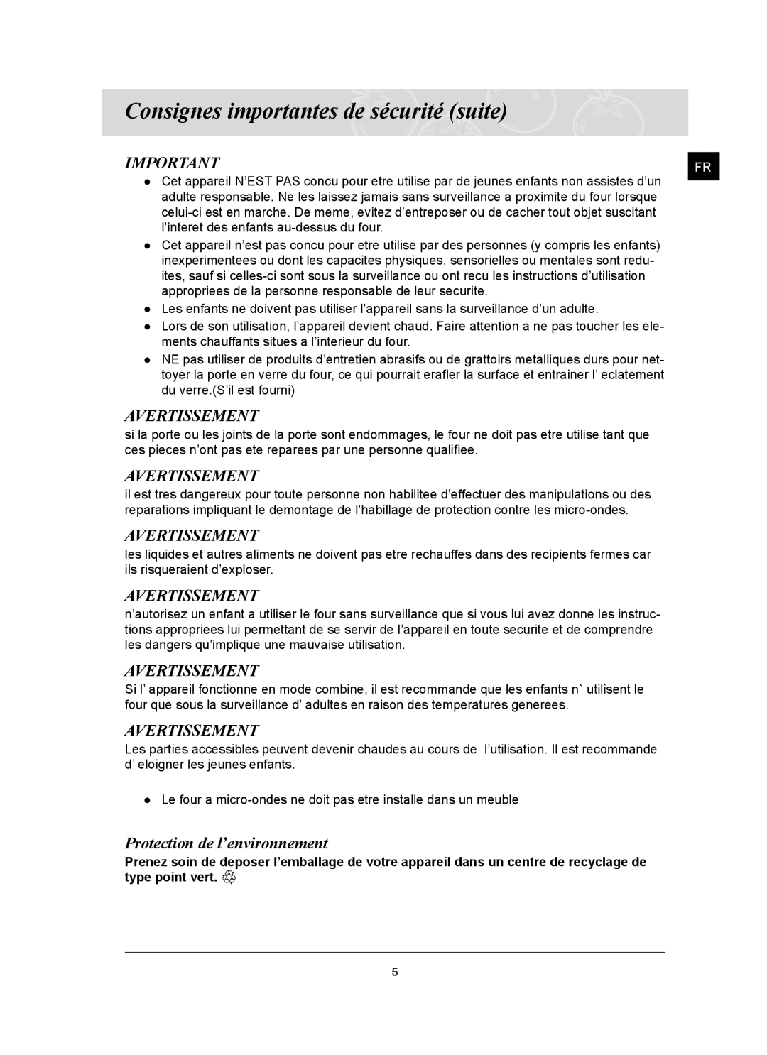 Samsung CQ1570U/XEF manual Avertissement, Protection de l’environnement 