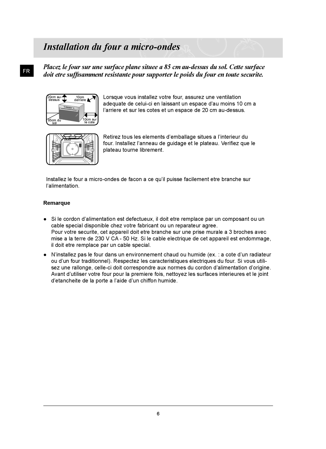 Samsung CQ1570U/XEF manual Installation du four a micro-ondes, Remarque 