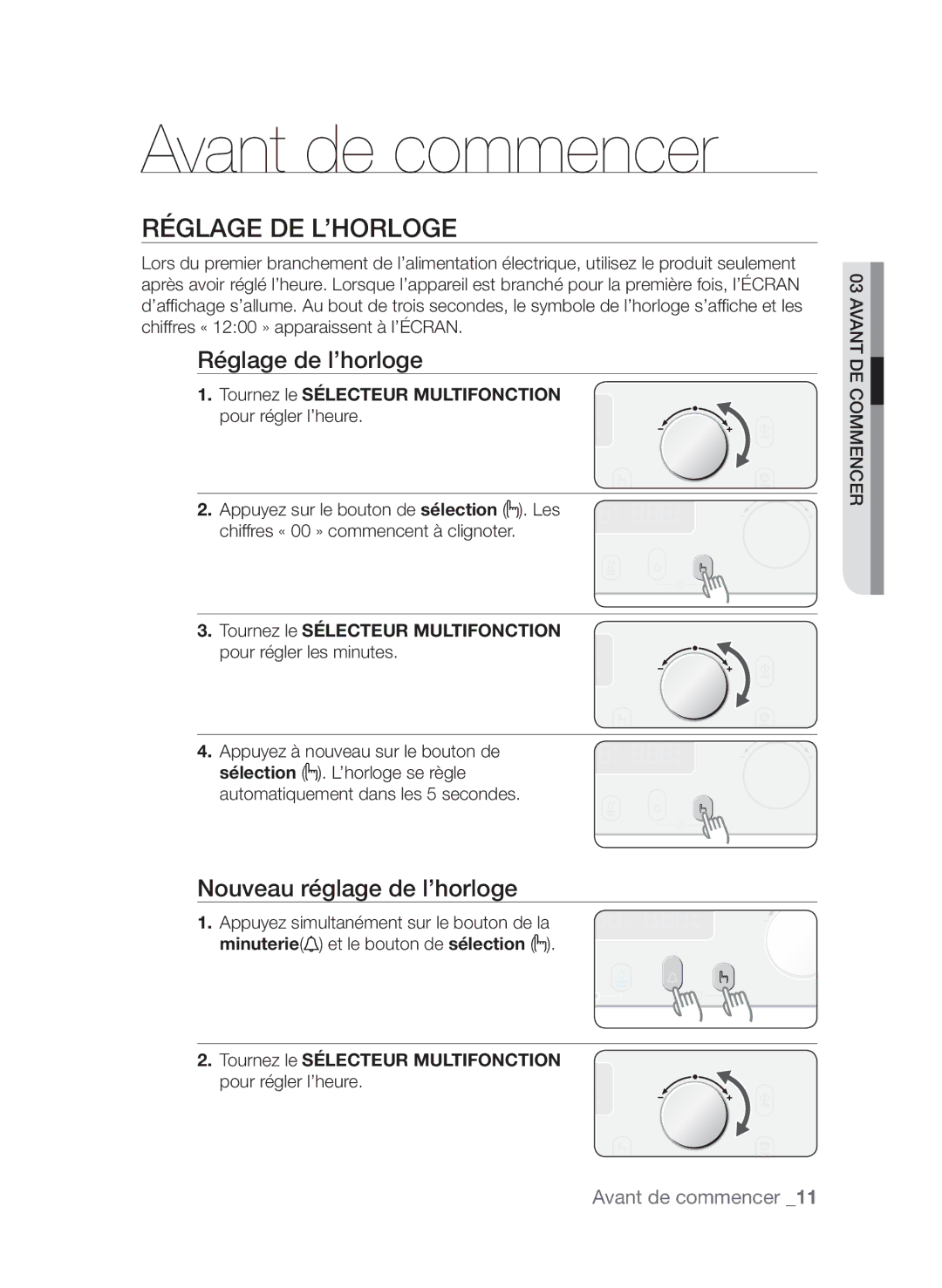 Samsung CQV137-S/XEF manual Avant de commencer, Réglage de l’horloge, Nouveau réglage de l’horloge 