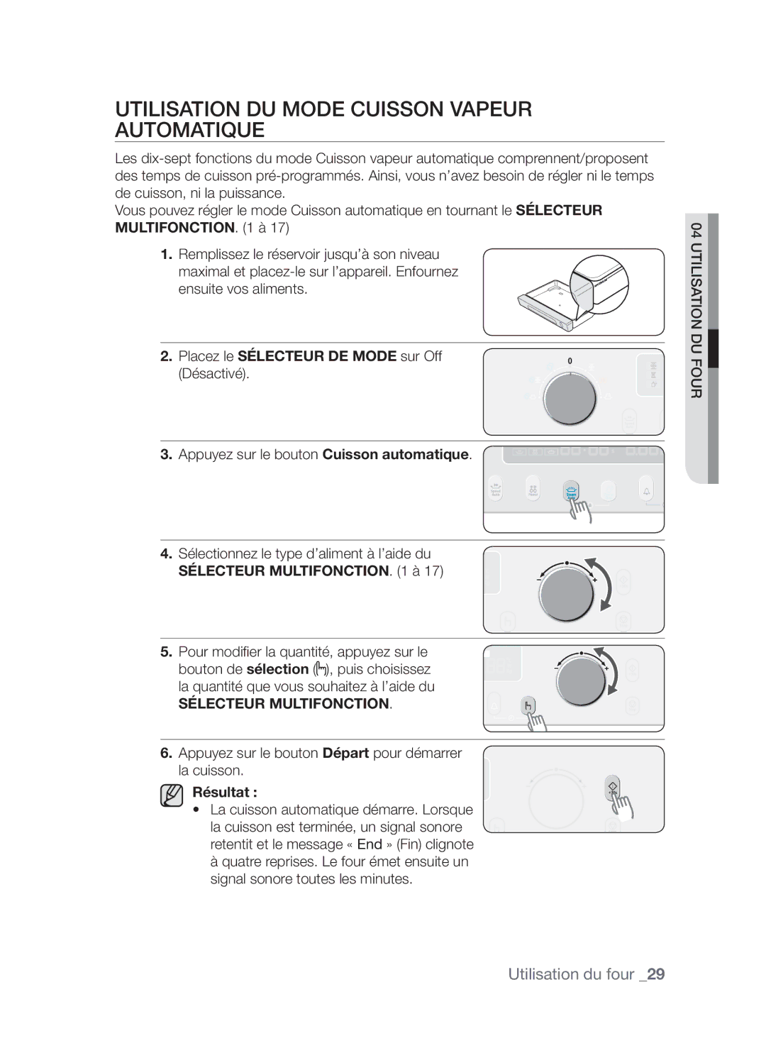 Samsung CQV137-S/XEF manual Utilisation du mode Cuisson vapeur automatique, Sélecteur Multifonction à 