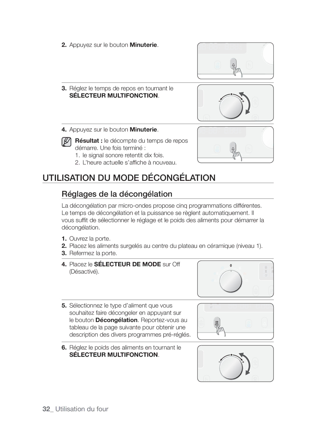 Samsung CQV137-S/XEF manual Utilisation du mode Décongélation, Réglages de la décongélation 