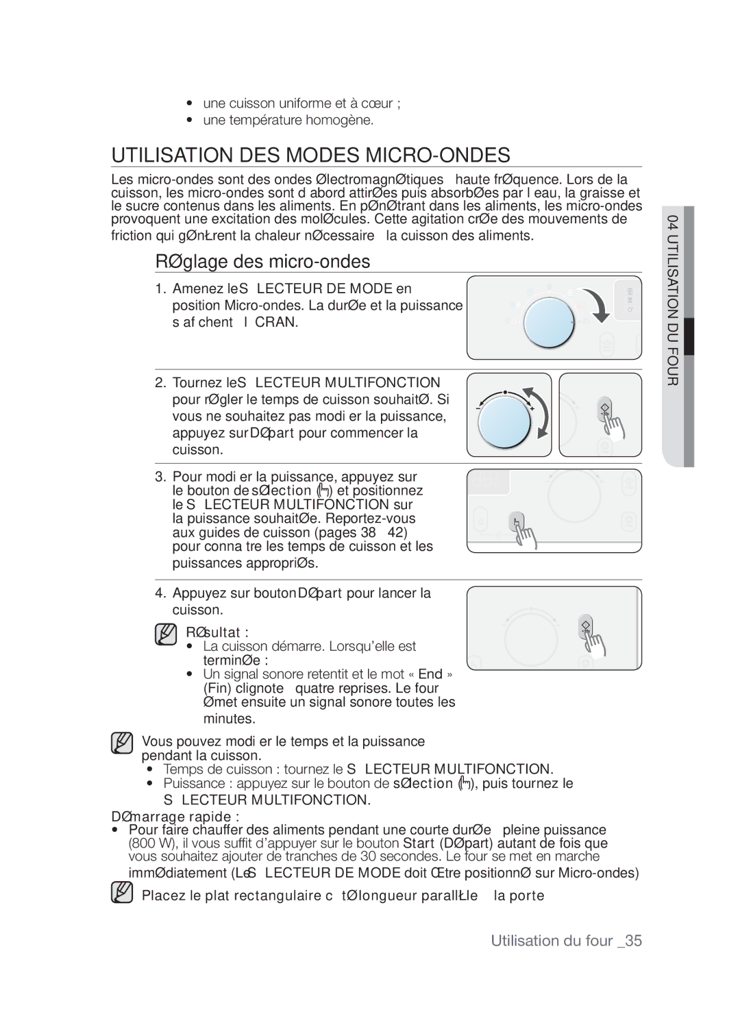 Samsung CQV137-S/XEF manual Utilisation des modes micro-ondes, Réglage des micro-ondes, Démarrage rapide  