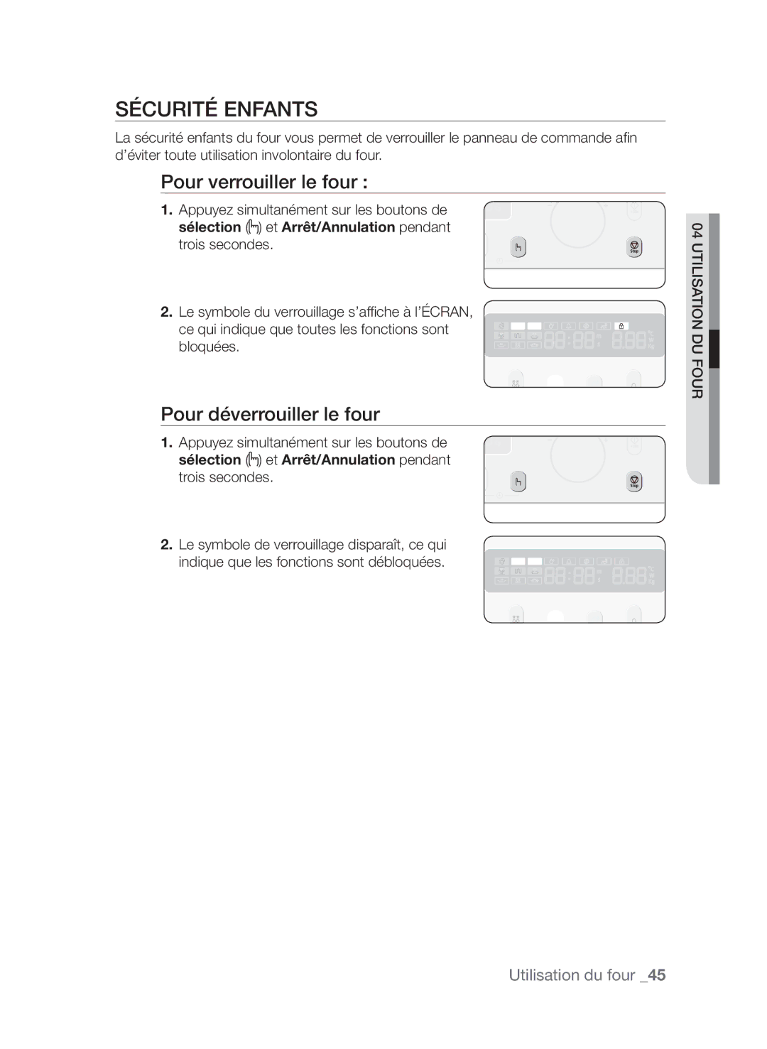 Samsung CQV137-S/XEF manual Sécurité enfants, Pour verrouiller le four , Pour déverrouiller le four 