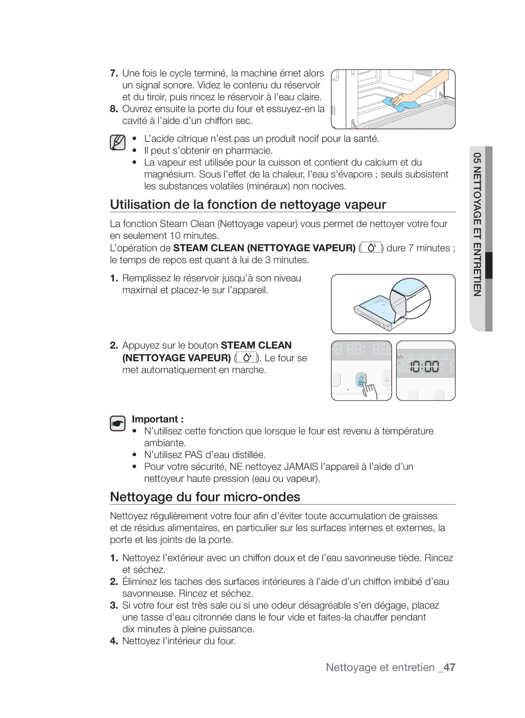 Samsung CQV137-S/XEF manual Utilisation de la fonction de nettoyage vapeur, Nettoyage du four micro-ondes 