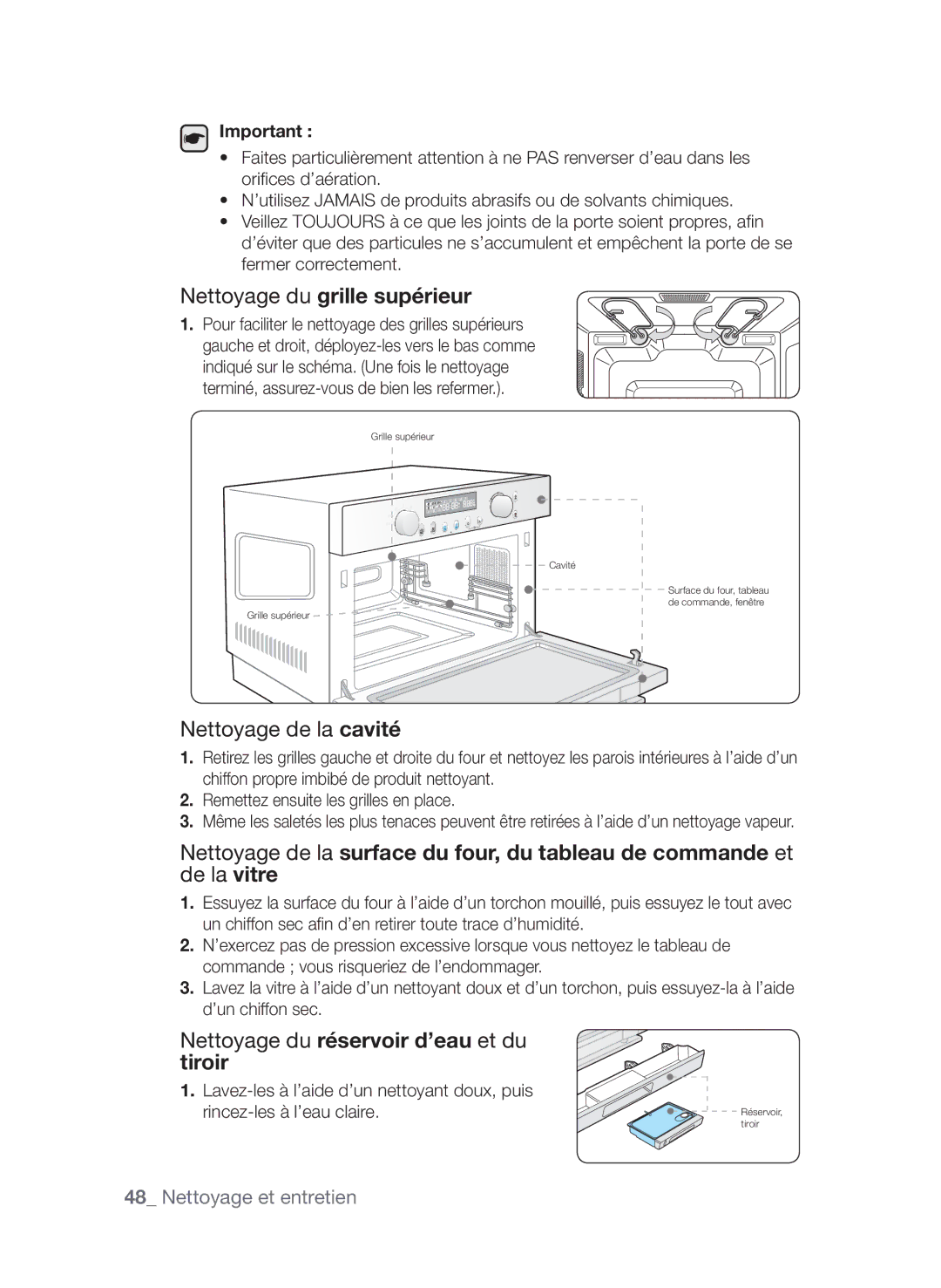 Samsung CQV137-S/XEF manual Nettoyage de la cavité, Nettoyage du réservoir d’eau et du 