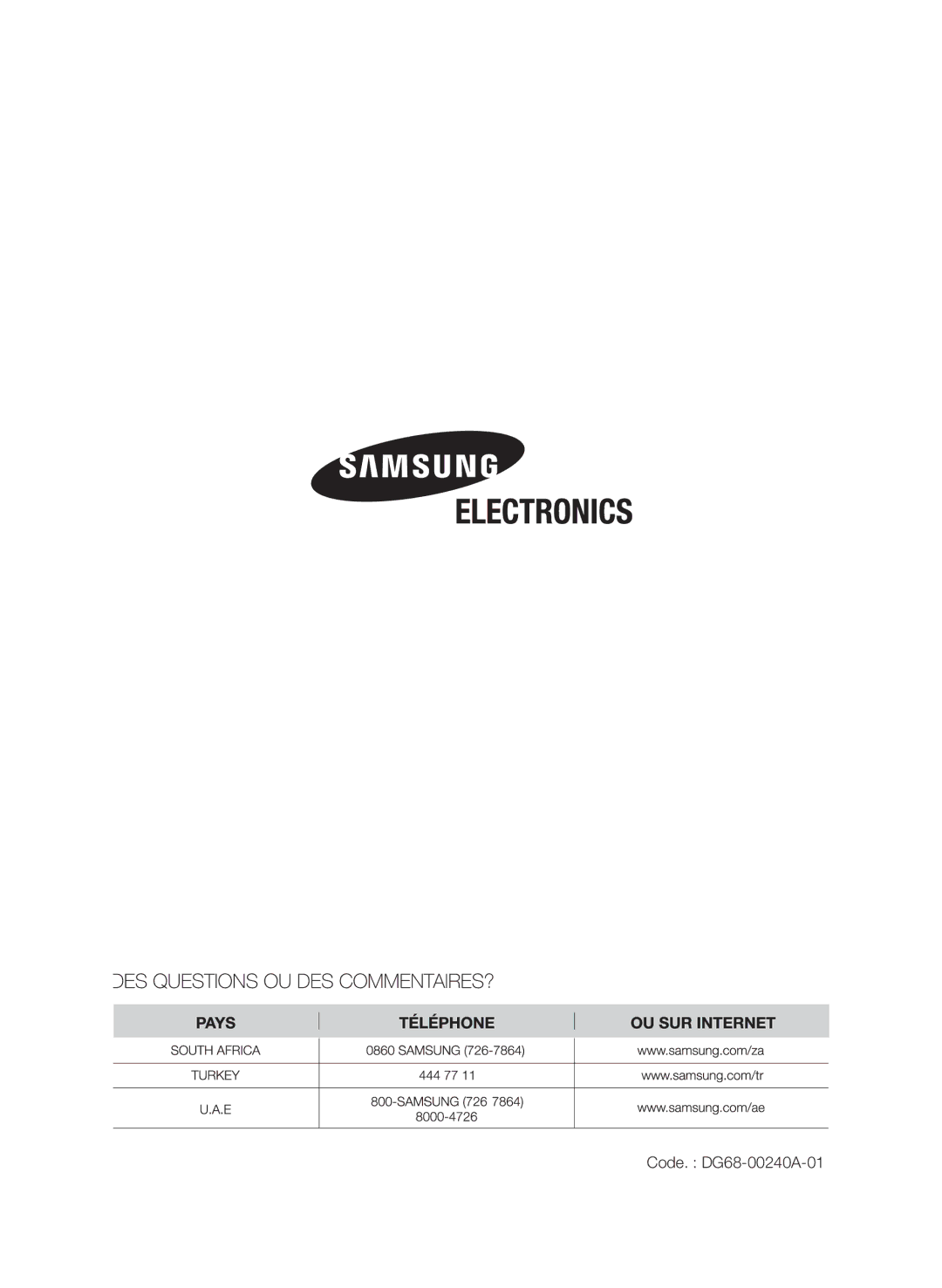 Samsung CQV137-S/XEF manual Code. DG68-00240A-01 