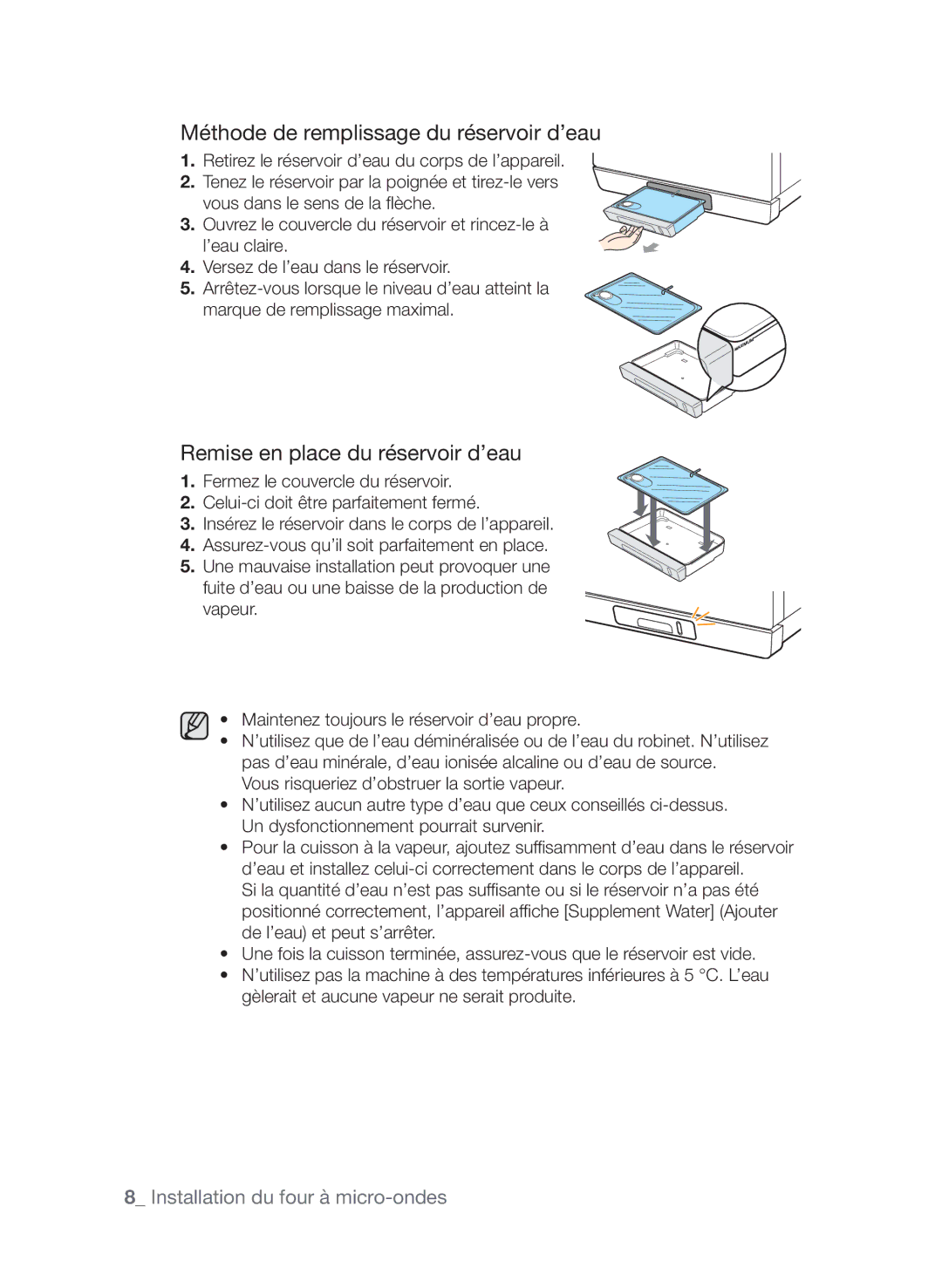 Samsung CQV137-S/XEF manual Méthode de remplissage du réservoir d’eau, Remise en place du réservoir d’eau 