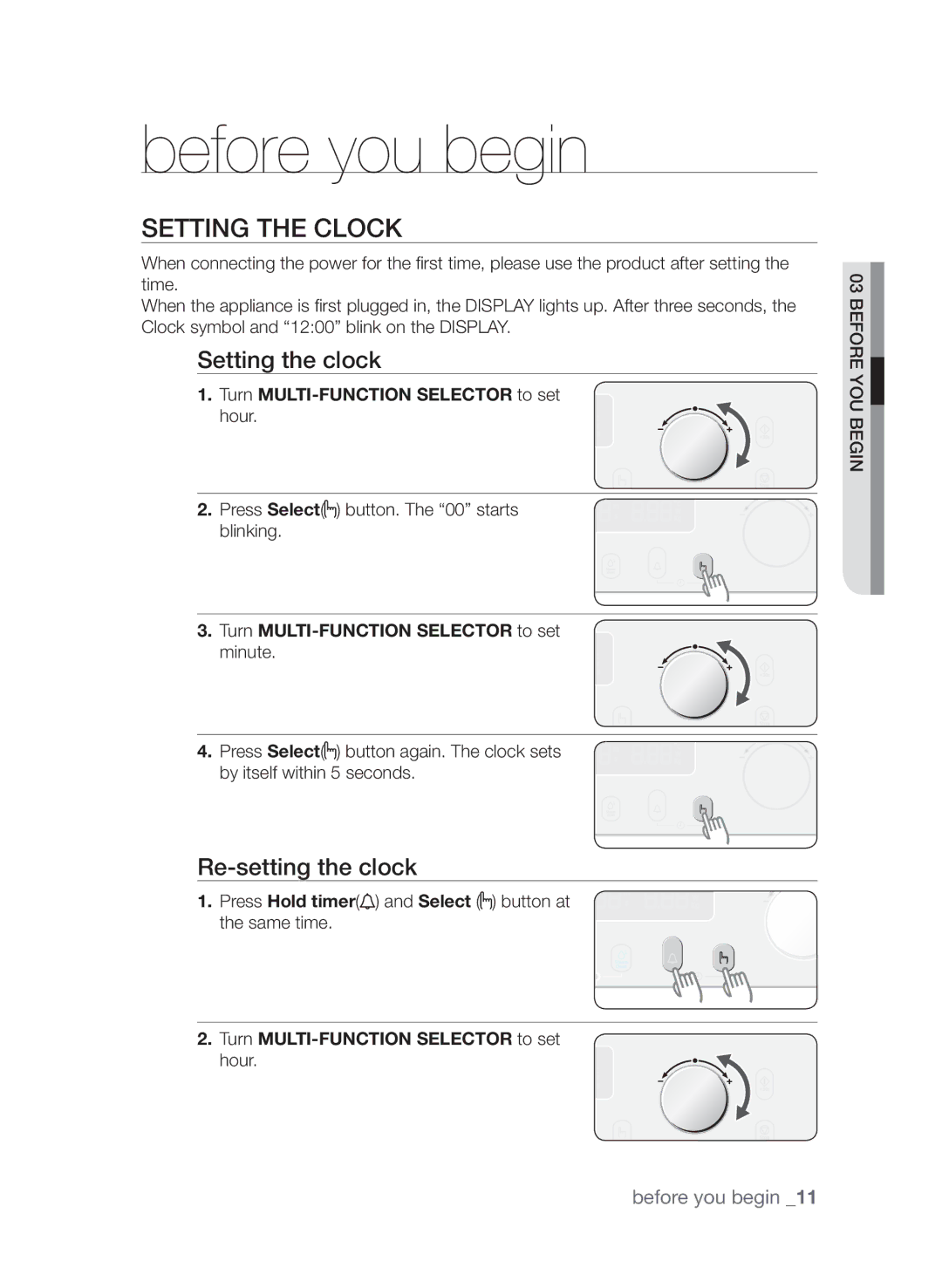 Samsung CQV137-S/XEF manual Before you begin, Setting the clock, Re-setting the clock, Turn MULTI-FUNCTION Selector to set 