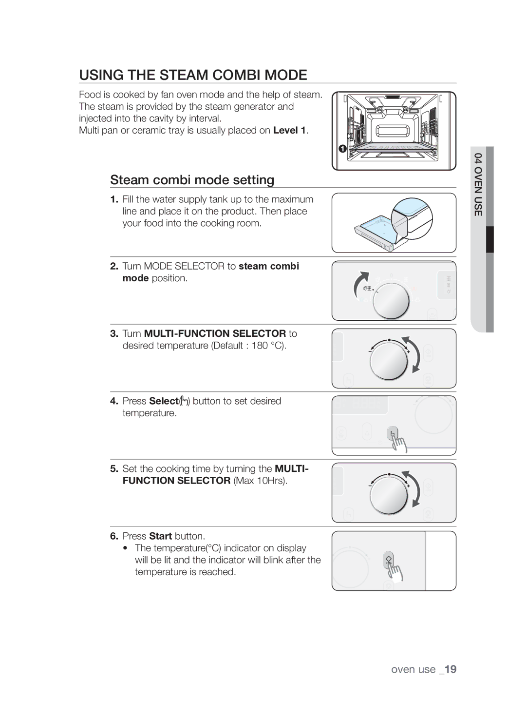 Samsung CQV137-S/XEF manual Using the steam combi mode, Steam combi mode setting, Function Selector Max 10Hrs 