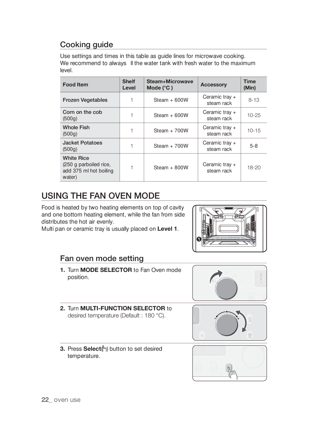 Samsung CQV137-S/XEF manual Using the fan oven mode, Fan oven mode setting 