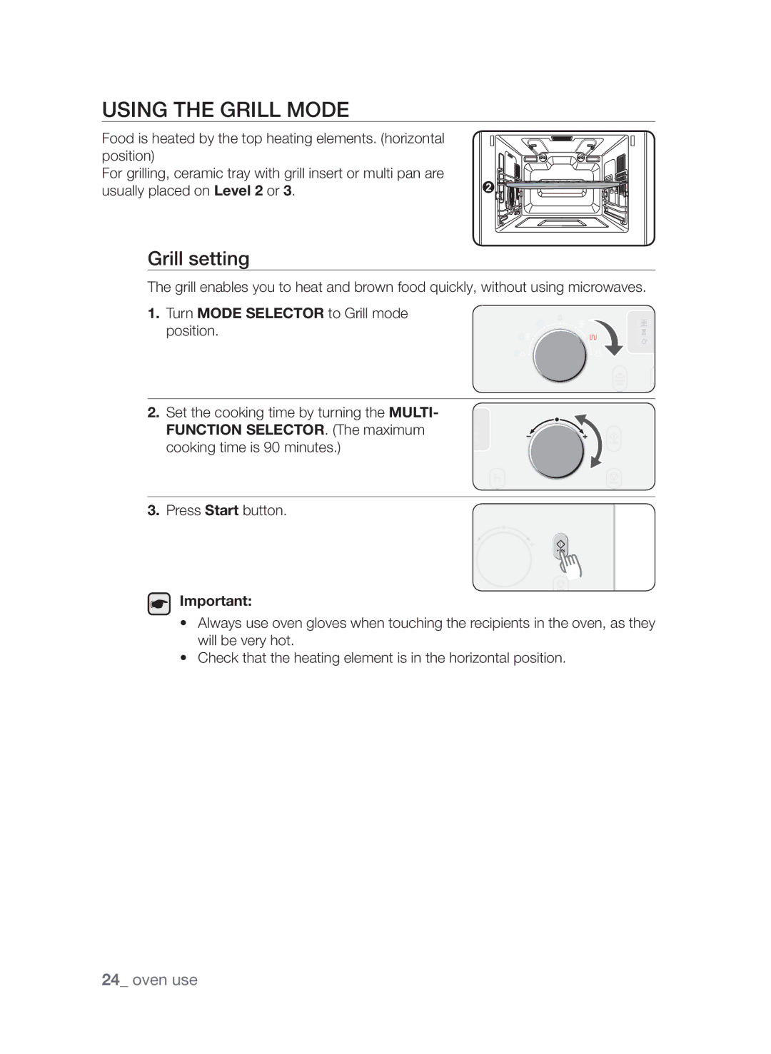 Samsung CQV137-S/XEF manual Using the grill mode, Grill setting, Function SELECTOR. The maximum cooking time is 90 minutes 