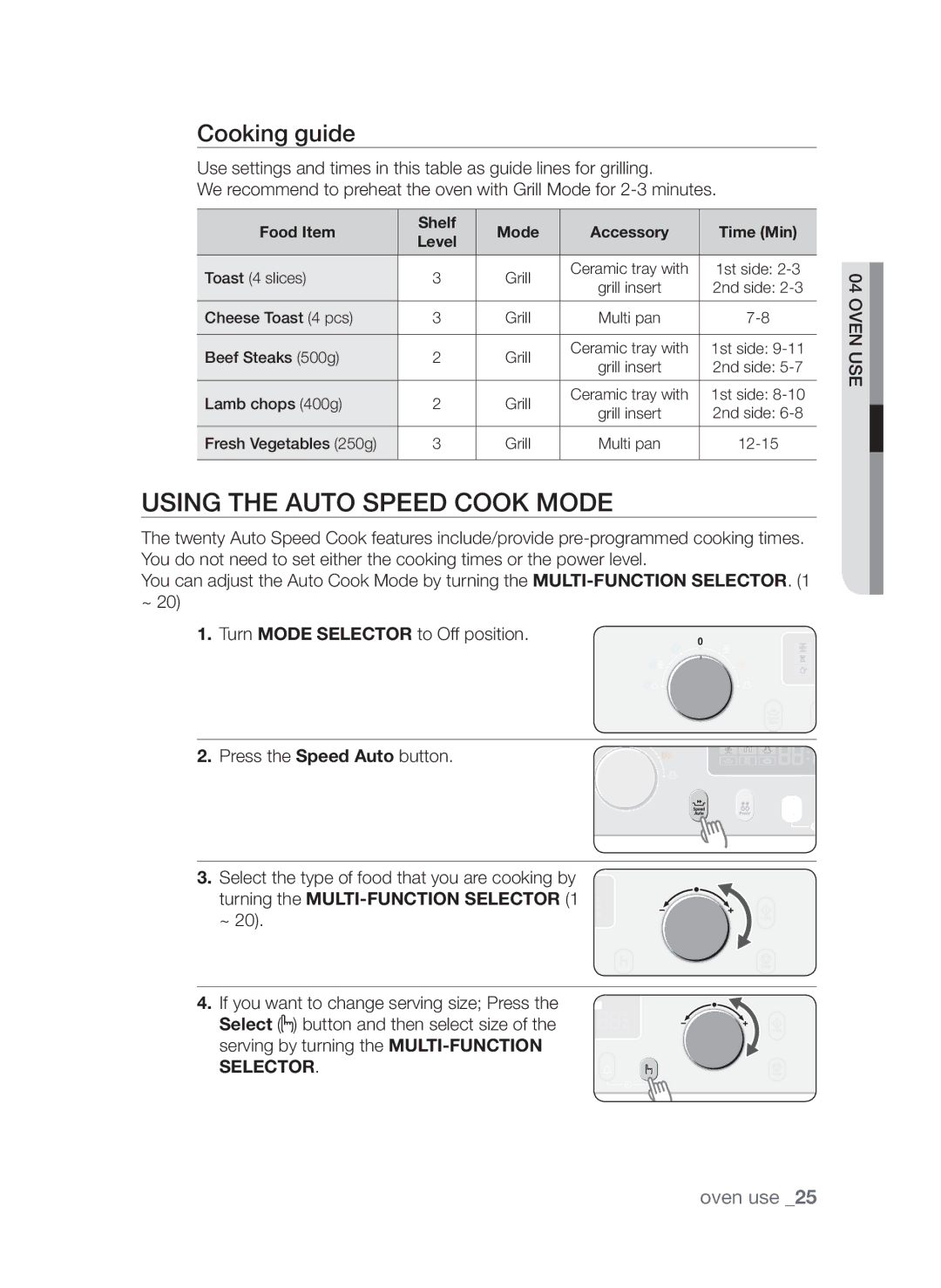 Samsung CQV137-S/XEF manual Using the auto speed cook mode, Turning the MULTI-FUNCTION Selector 1 ~ 