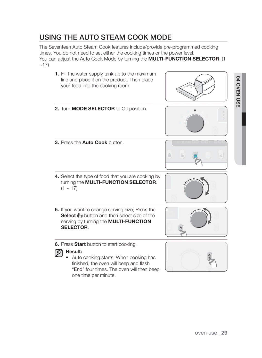 Samsung CQV137-S/XEF manual Using the auto steam cook mode, Turning the MULTI-FUNCTION Selector ~ 