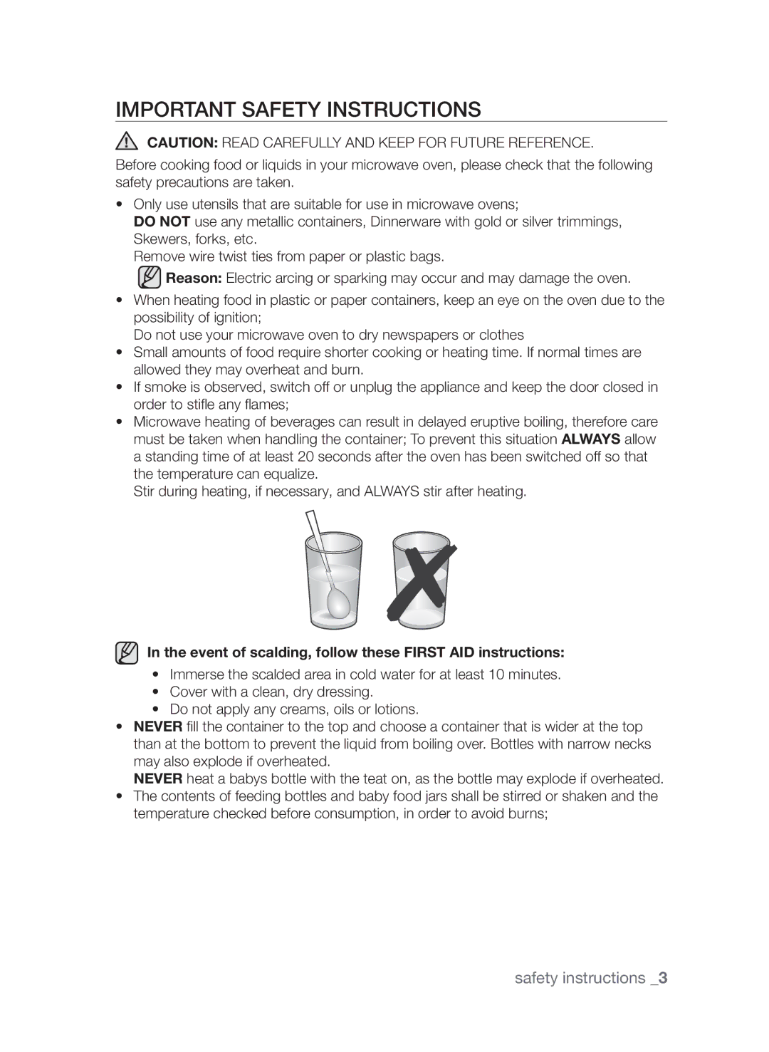 Samsung CQV137-S/XEF manual Important safety instructions, Event of scalding, follow these First AID instructions 