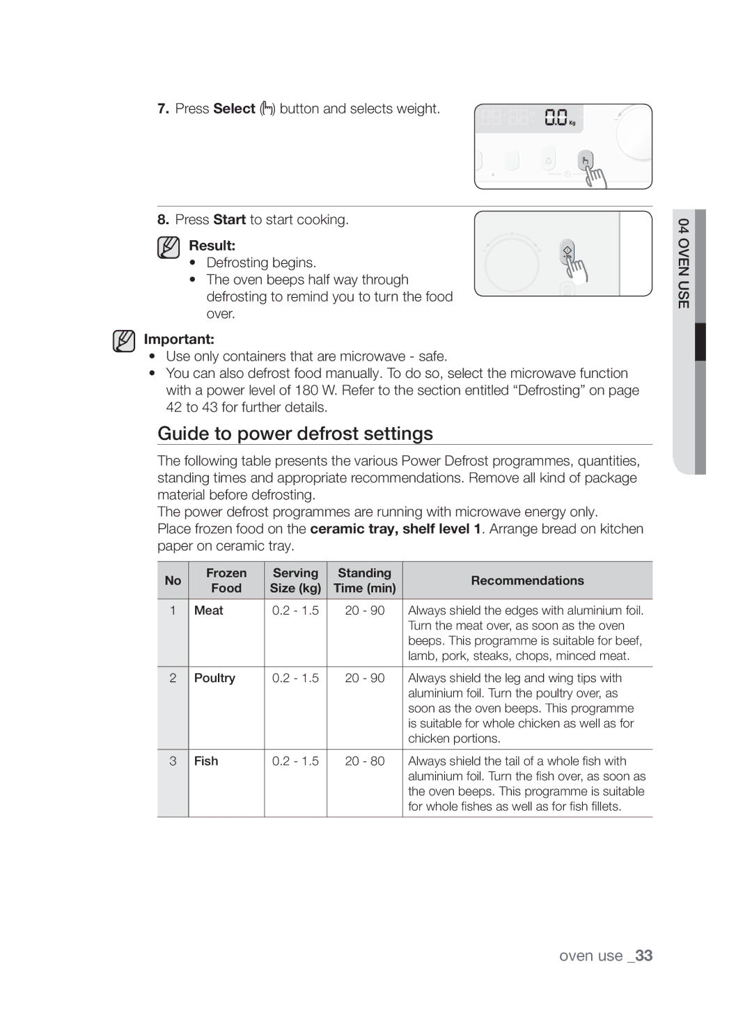 Samsung CQV137-S/XEF manual Guide to power defrost settings, Frozen Serving Standing Recommendations 