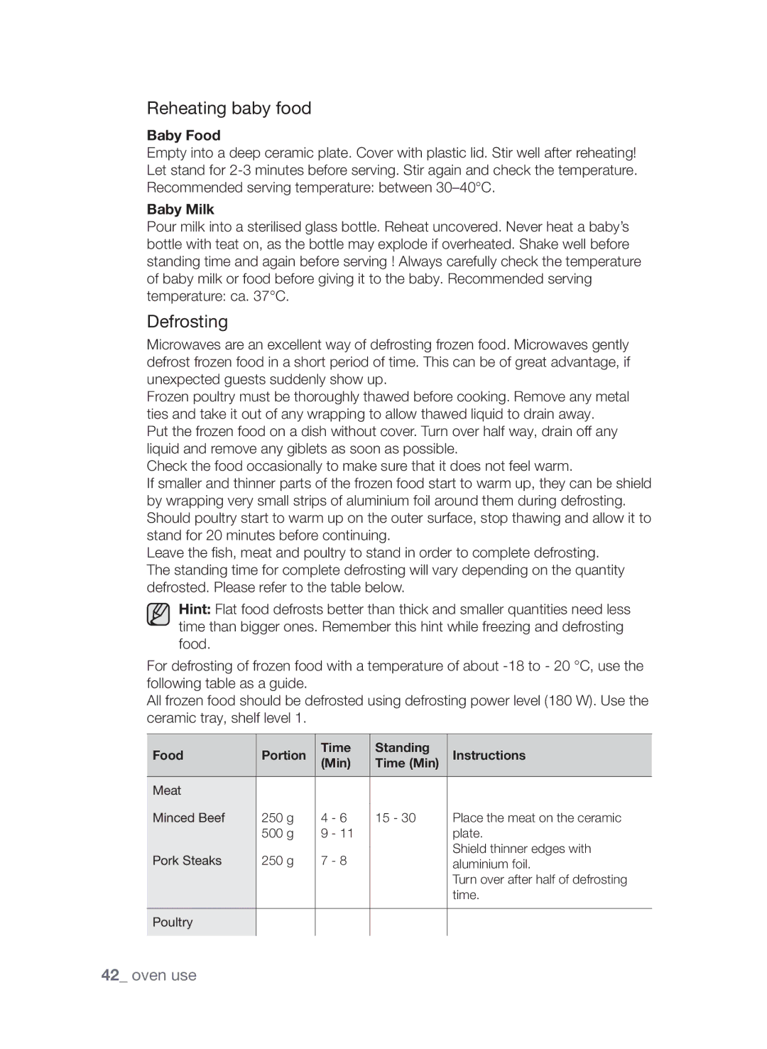 Samsung CQV137-S/XEF manual Reheating baby food, Defrosting, Baby Food, Baby Milk 