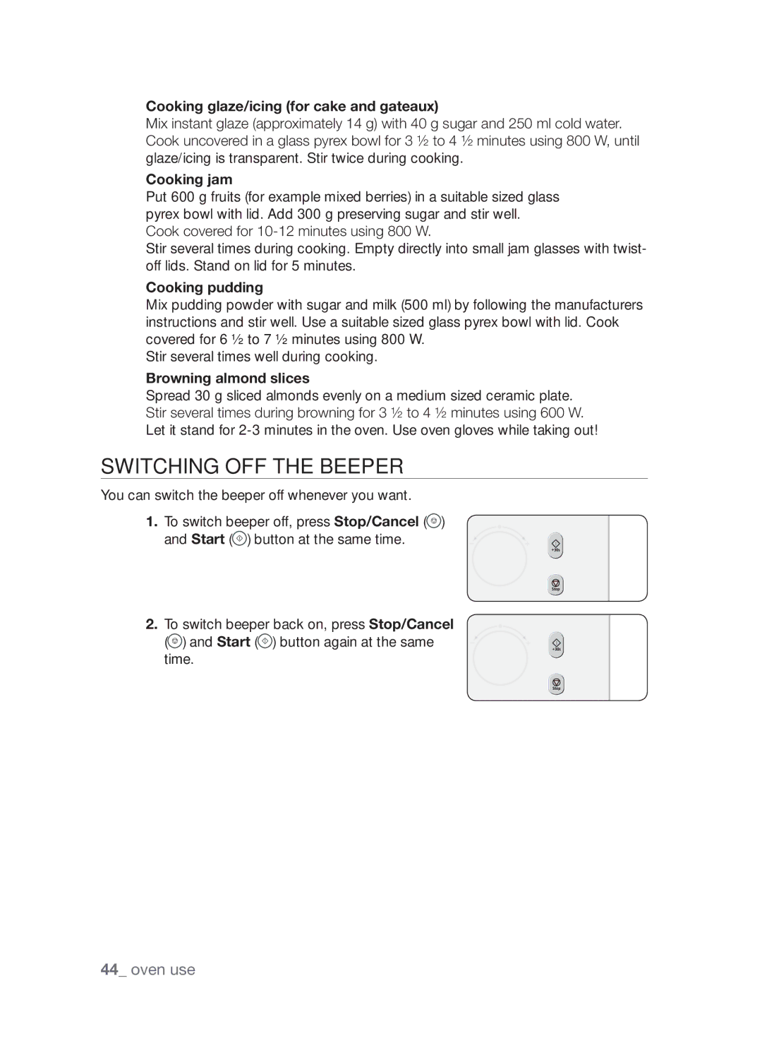 Samsung CQV137-S/XEF Switching off the beeper, Cooking glaze/icing for cake and gateaux, Cooking jam, Cooking pudding 