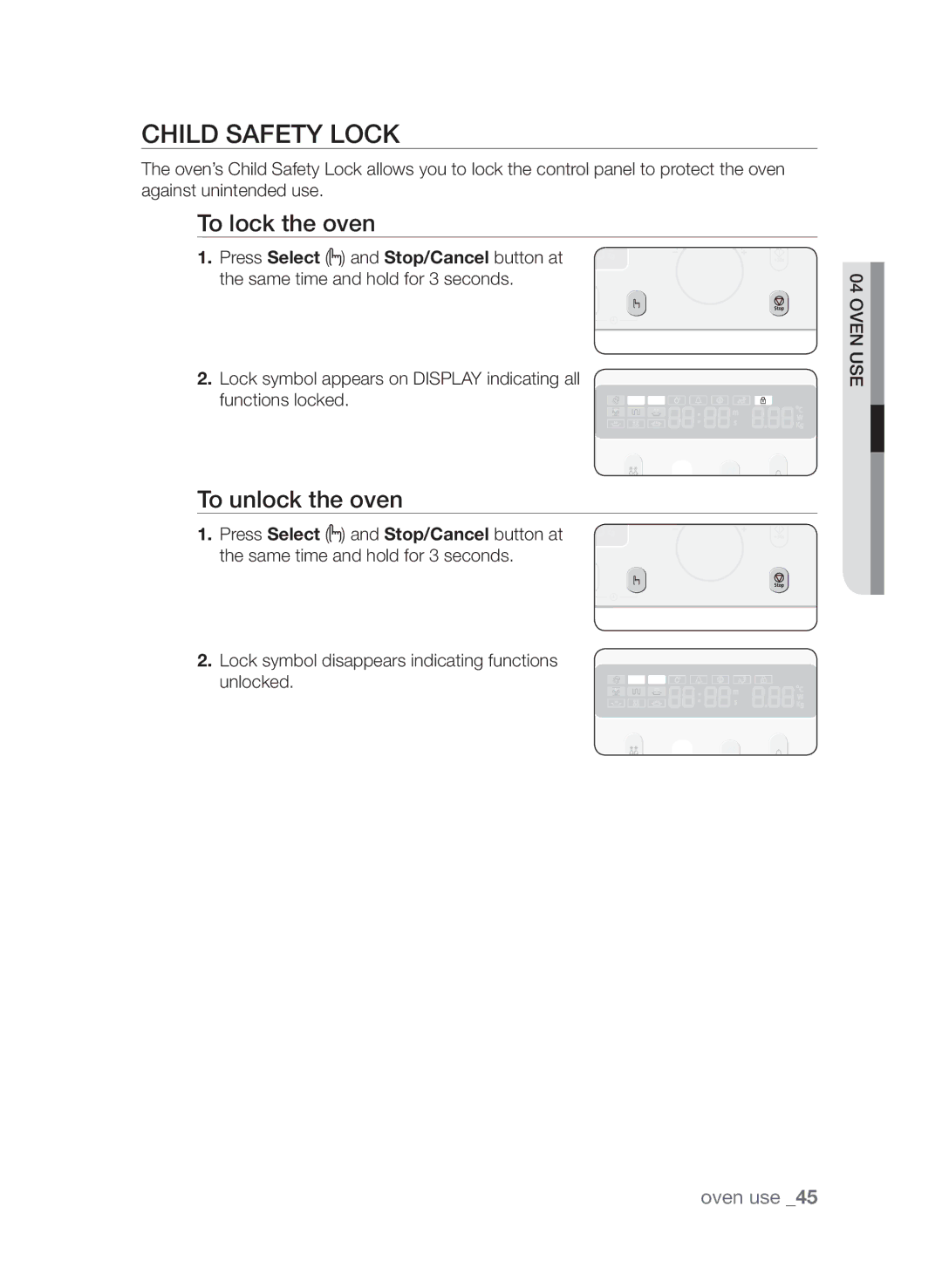 Samsung CQV137-S/XEF manual Child safety lock, To lock the oven, To unlock the oven 