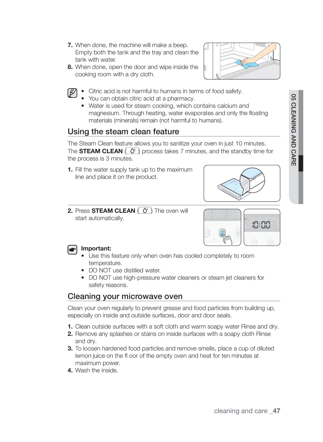 Samsung CQV137-S/XEF manual Using the steam clean feature, Cleaning your microwave oven 