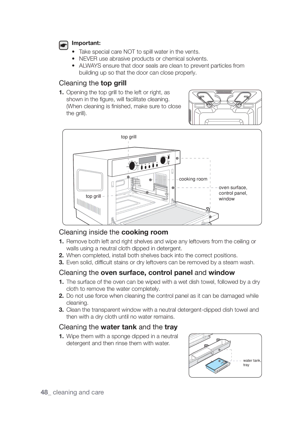 Samsung CQV137-S/XEF manual Cleaning the top grill, Cleaning inside the cooking room, Cleaning the water tank and the tray 