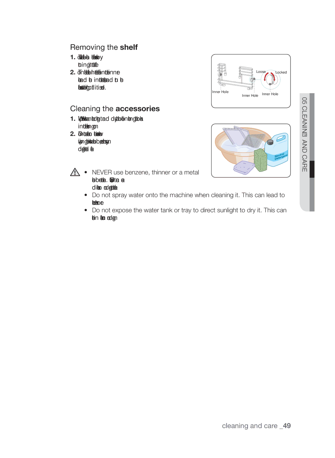 Samsung CQV137-S/XEF manual Removing the shelf, Cleaning the accessories 