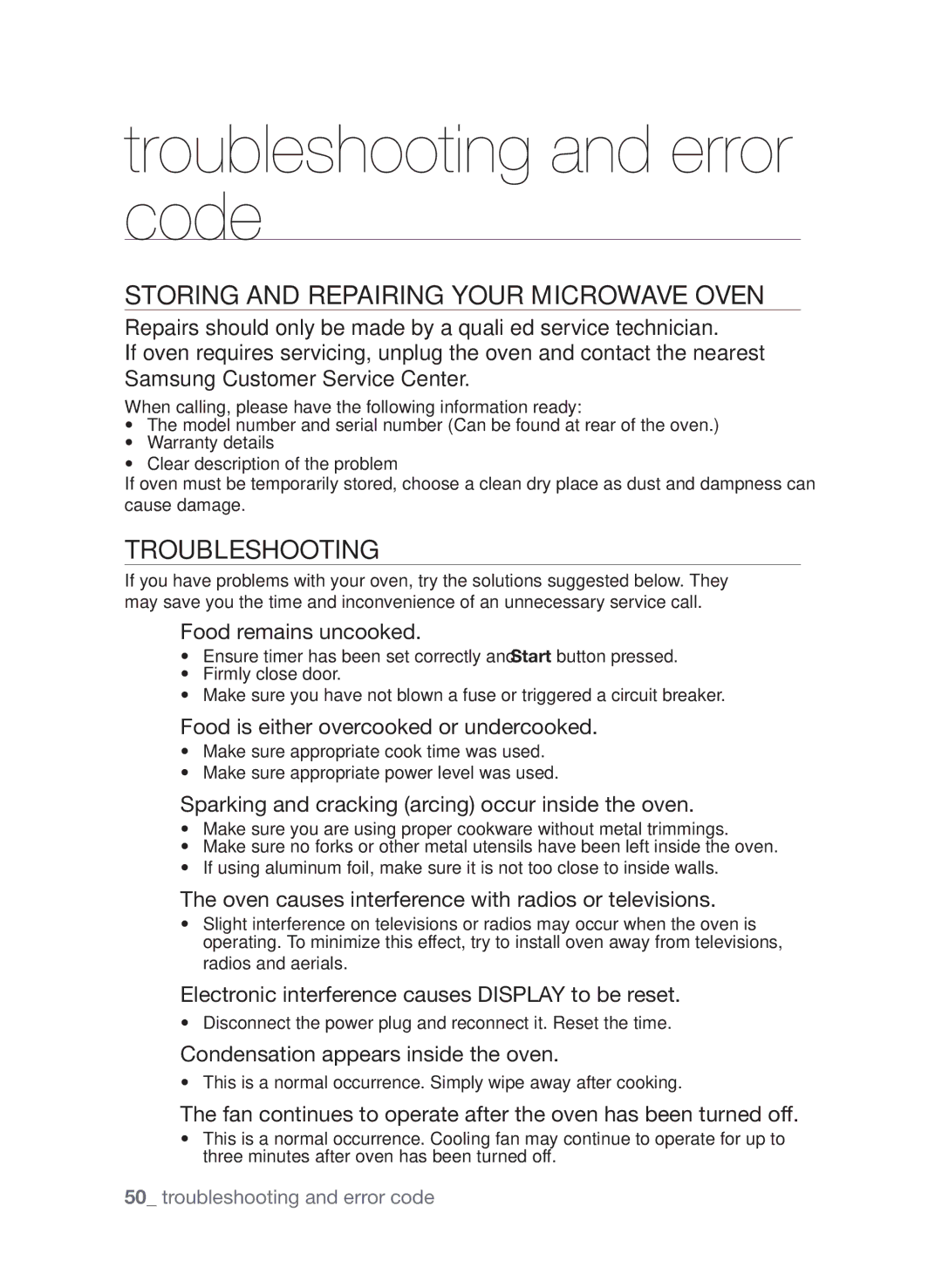 Samsung CQV137-S/XEF manual Troubleshooting and error code, Storing and repairing your microwave oven 