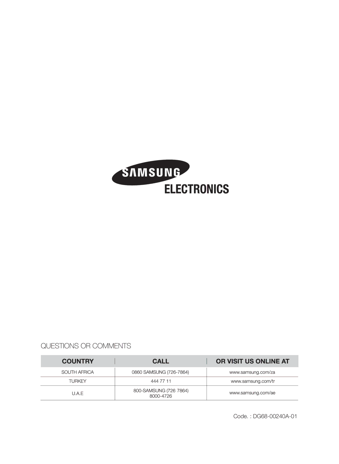 Samsung CQV137-S/XEF manual Code. DG68-00240A-01 