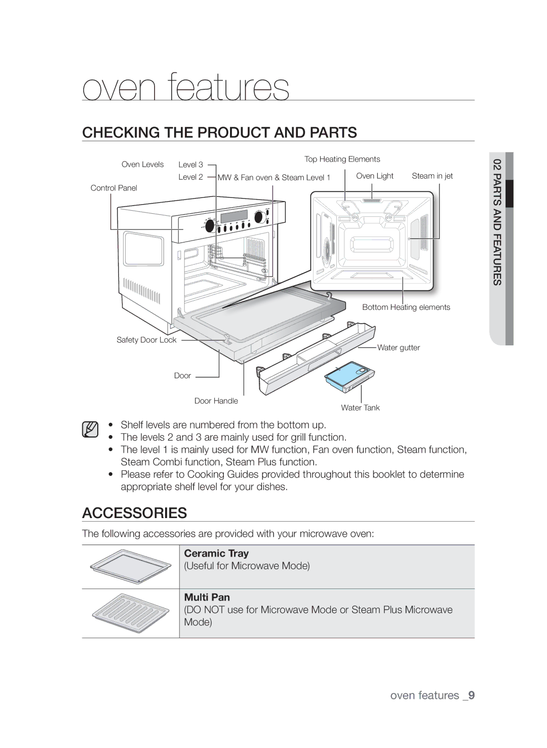 Samsung CQV137-S/XEF manual Oven features, Checking the product and parts, Accessories, Ceramic Tray, Multi Pan 