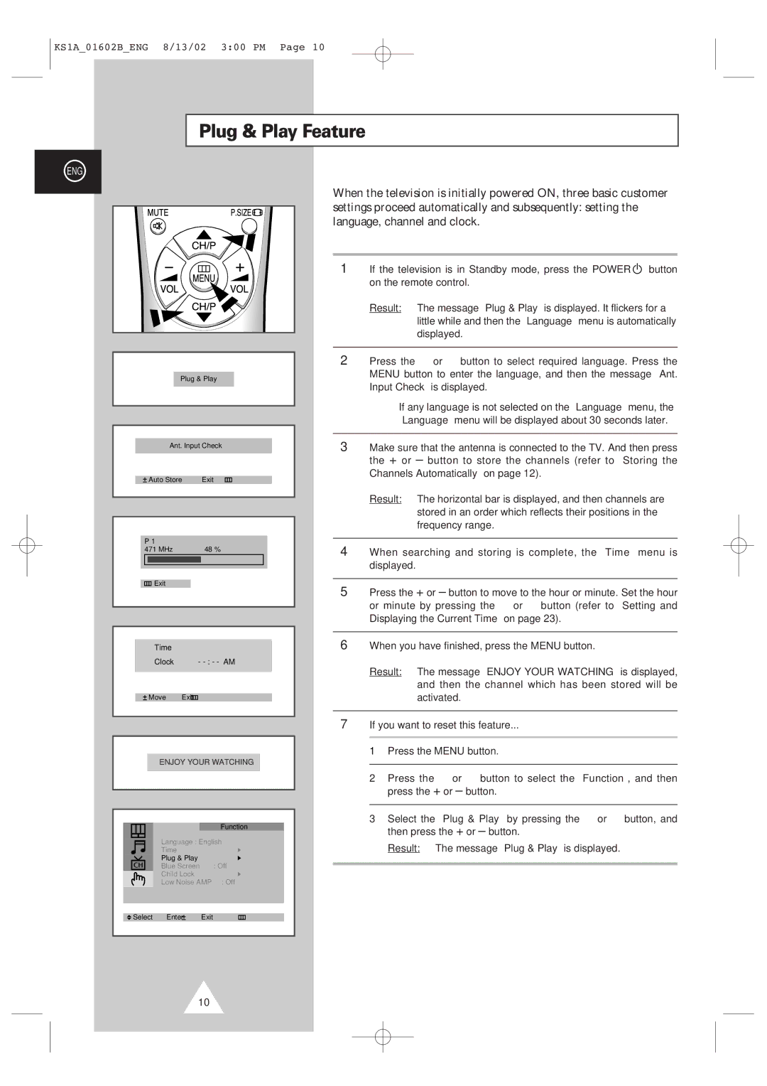 Samsung CRT Direct View TV manual Plug & Play Feature, If you want to reset this feature 