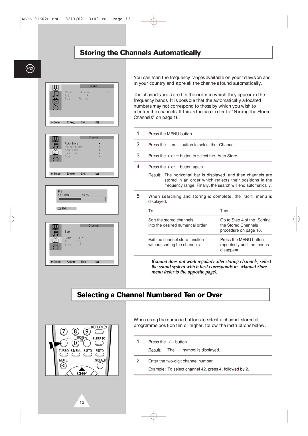 Samsung CRT Direct View TV manual Storing the Channels Automatically, Selecting a Channel Numbered Ten or Over, Then 