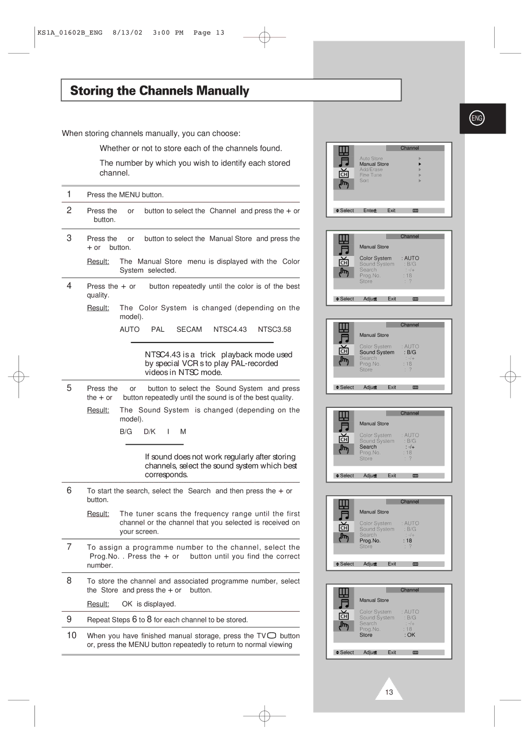 Samsung CRT Direct View TV manual Storing the Channels Manually, ↔ D/K ↔ I ↔ M 