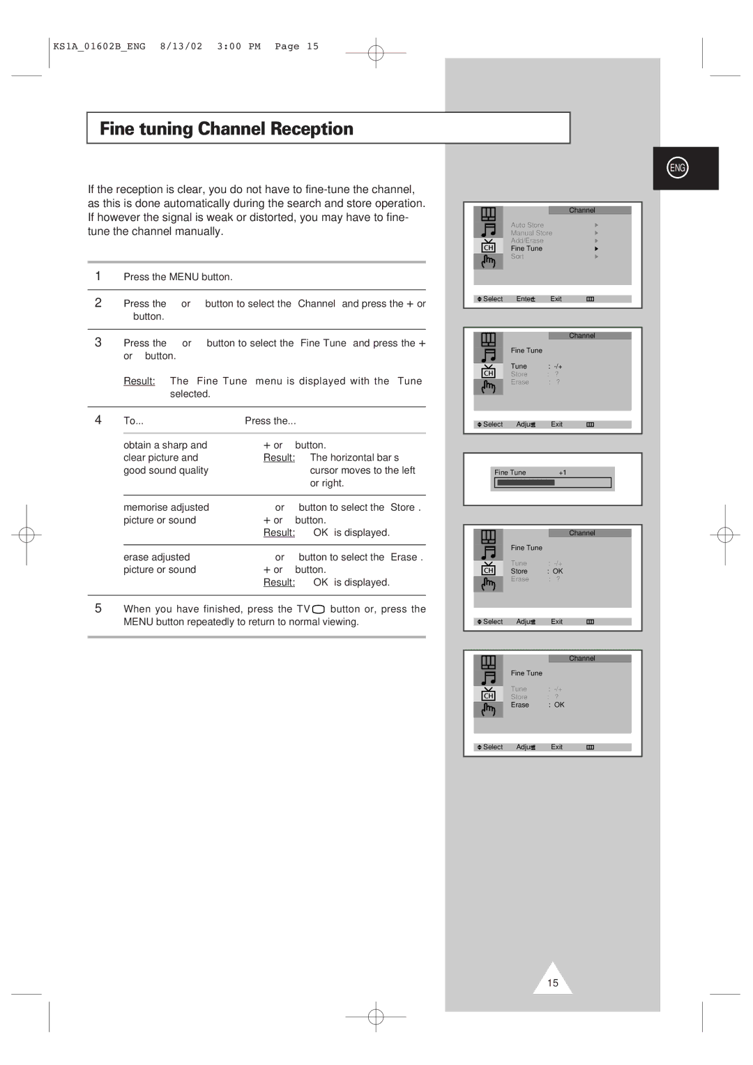 Samsung CRT Direct View TV manual Fine tuning Channel Reception, Press 