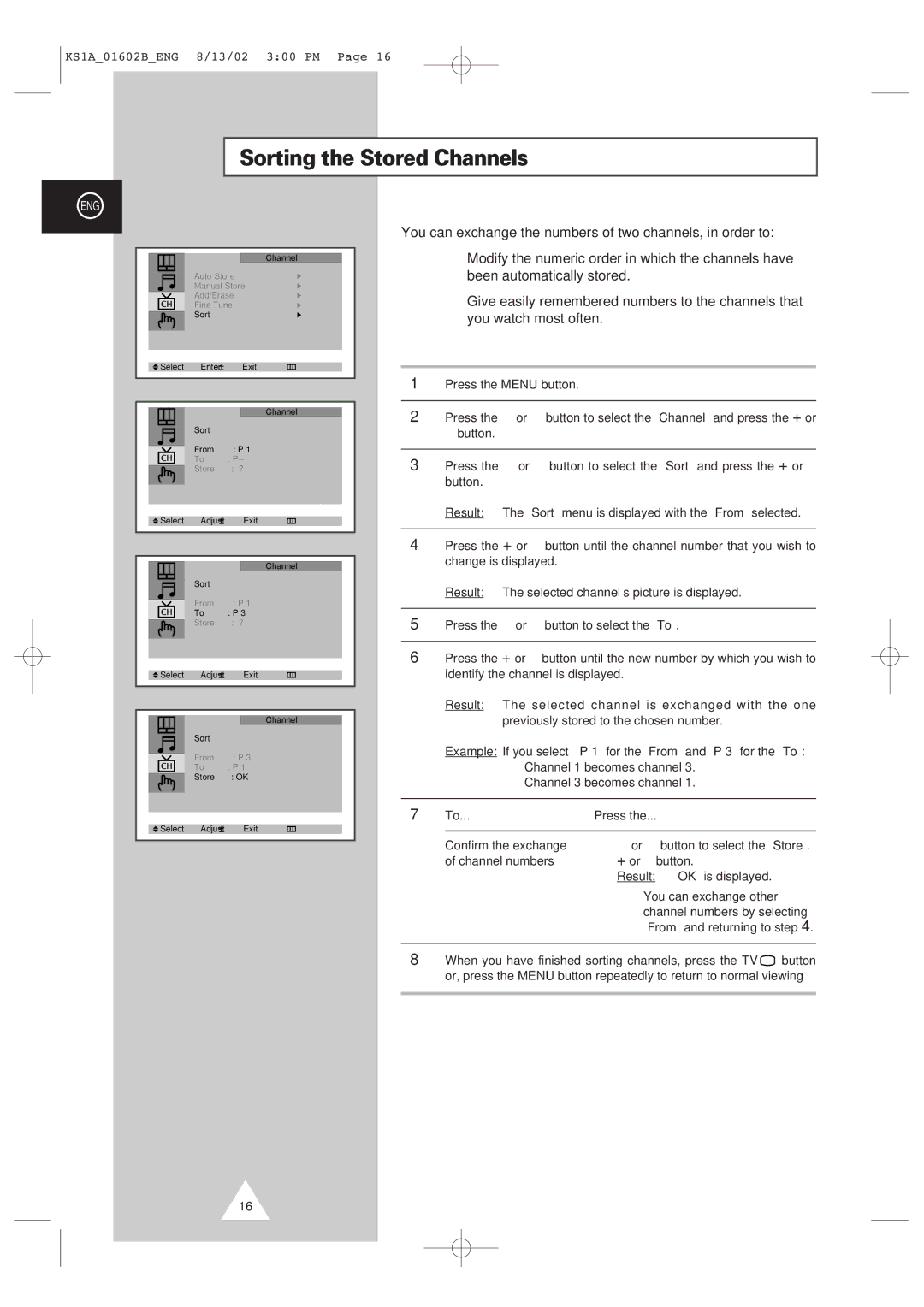 Samsung CRT Direct View TV manual Sorting the Stored Channels 