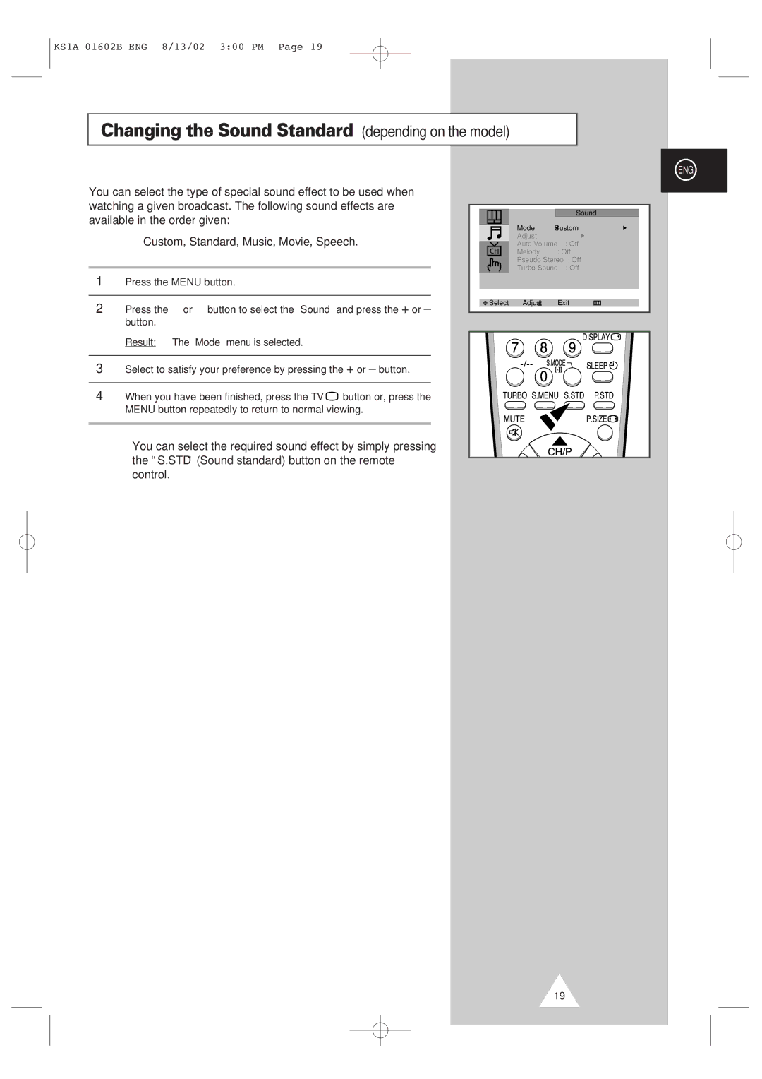 Samsung CRT Direct View TV manual Changing the Sound Standard depending on the model 