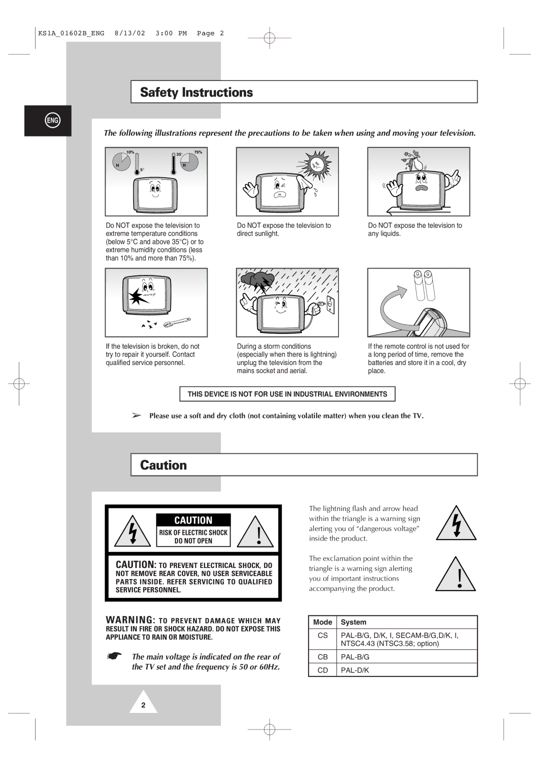 Samsung CRT Direct View TV manual Safety Instructions, Mode System 