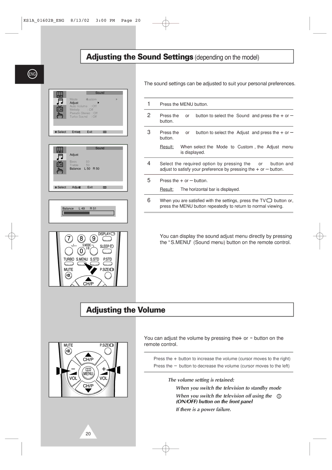 Samsung CRT Direct View TV manual Adjusting the Sound Settings depending on the model, Adjusting the Volume 