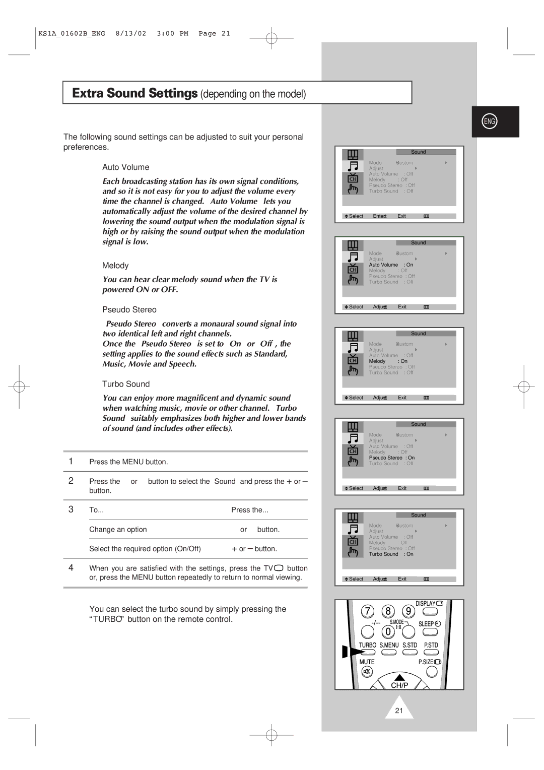 Samsung CRT Direct View TV manual Melody, Pseudo Stereo, Turbo Sound 