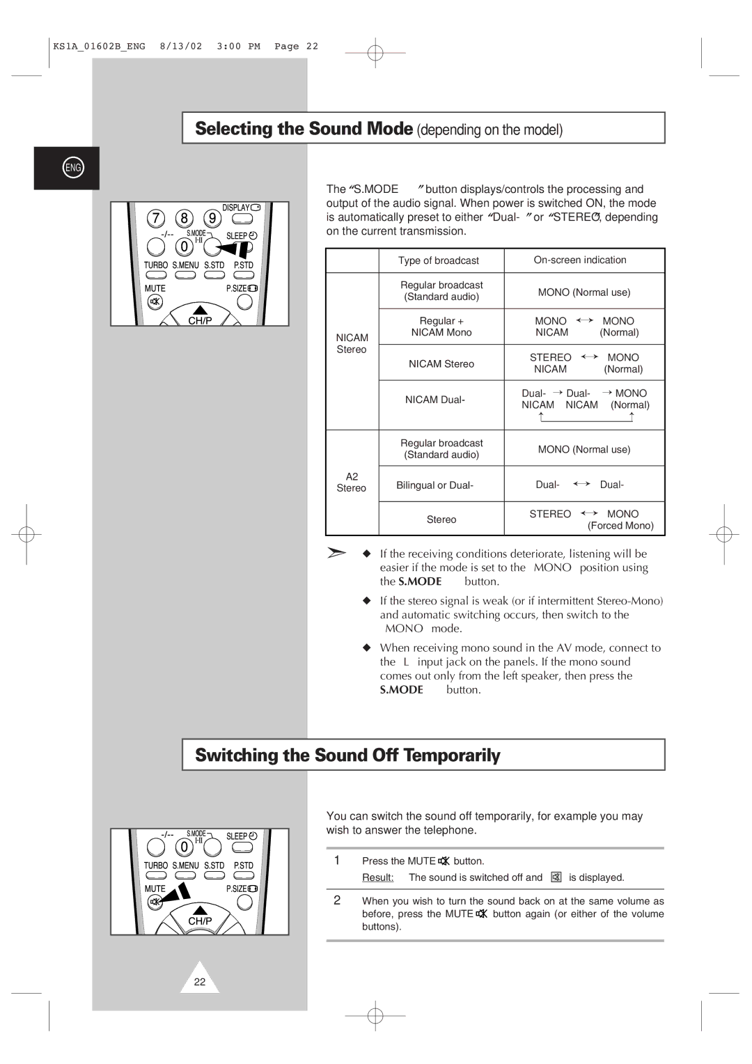 Samsung CRT Direct View TV manual Selecting the Sound Mode depending on the model, Switching the Sound Off Temporarily 