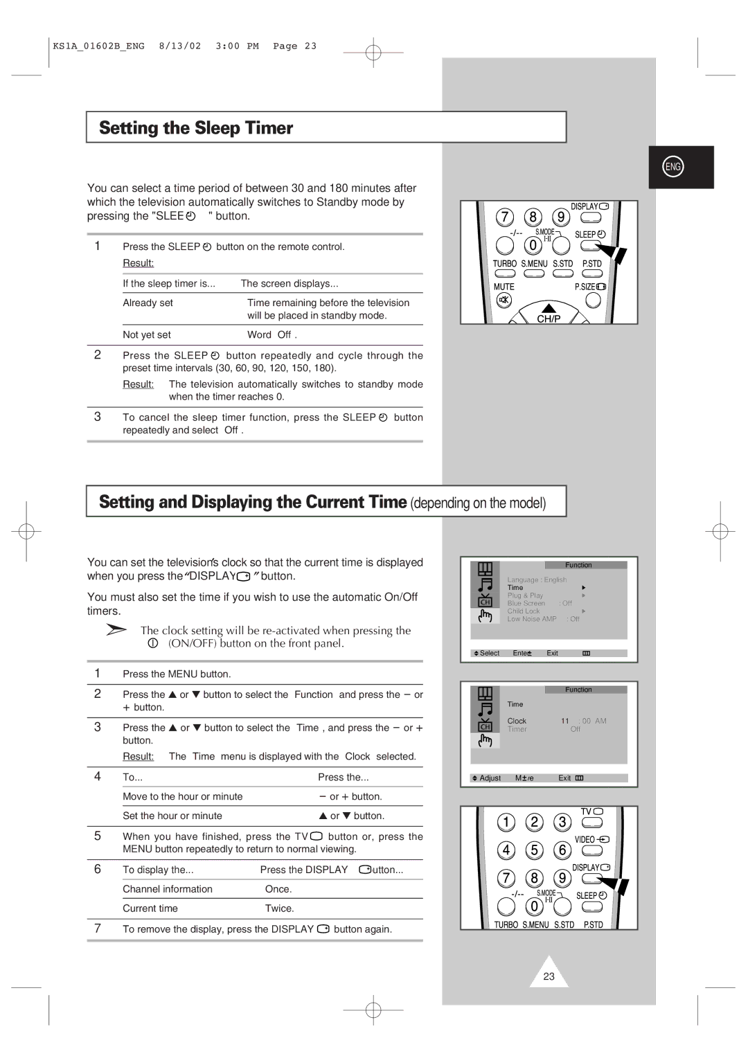 Samsung CRT Direct View TV manual Setting the Sleep Timer, If the sleep timer is Screen displays 