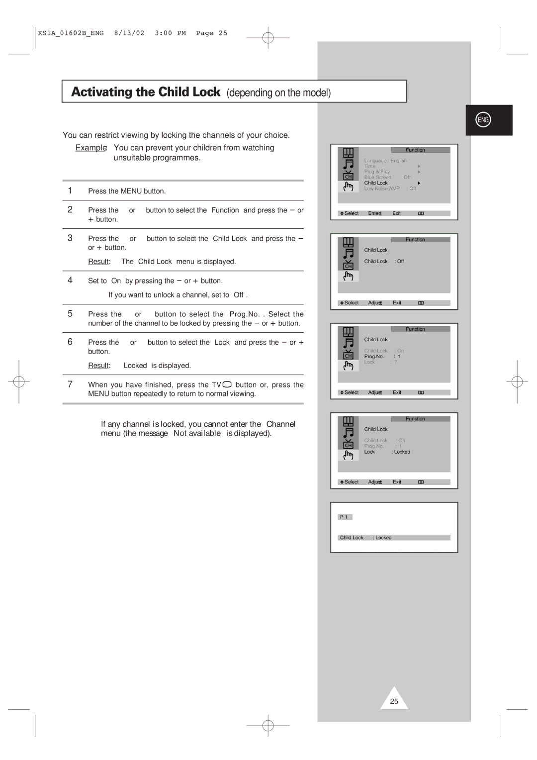 Samsung CRT Direct View TV manual Activating the Child Lock depending on the model 