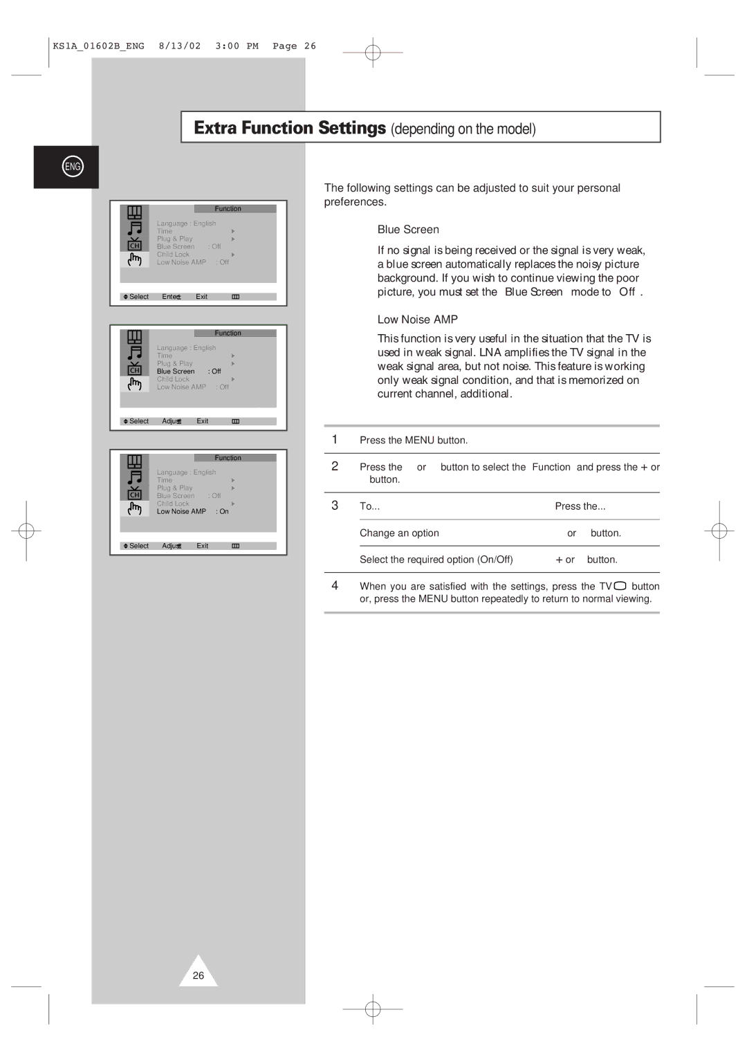 Samsung CRT Direct View TV manual Extra Function Settings depending on the model, Low Noise AMP 