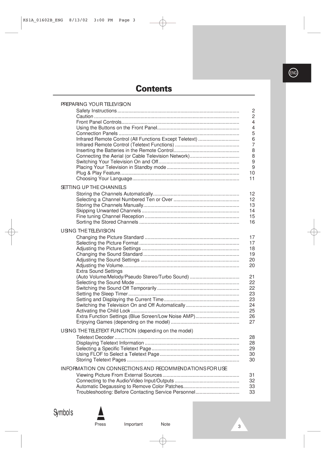 Samsung CRT Direct View TV manual Contents 