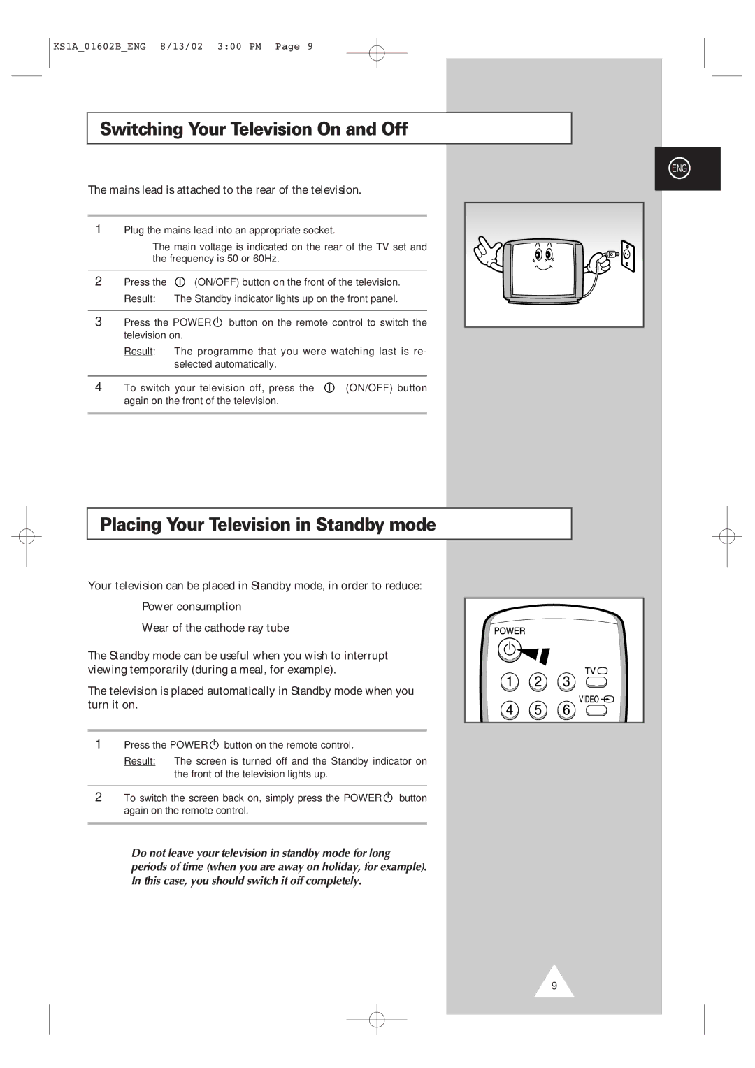 Samsung CRT Direct View TV manual Switching Your Television On and Off, Placing Your Television in Standby mode 