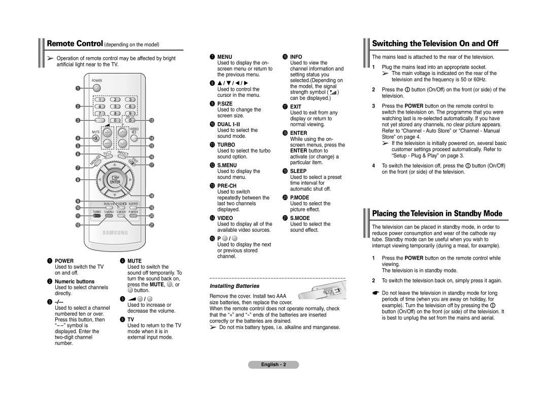 Samsung CRT Rear-Projection TV manual Switching theTelevision On and Off, Installing Batteries 