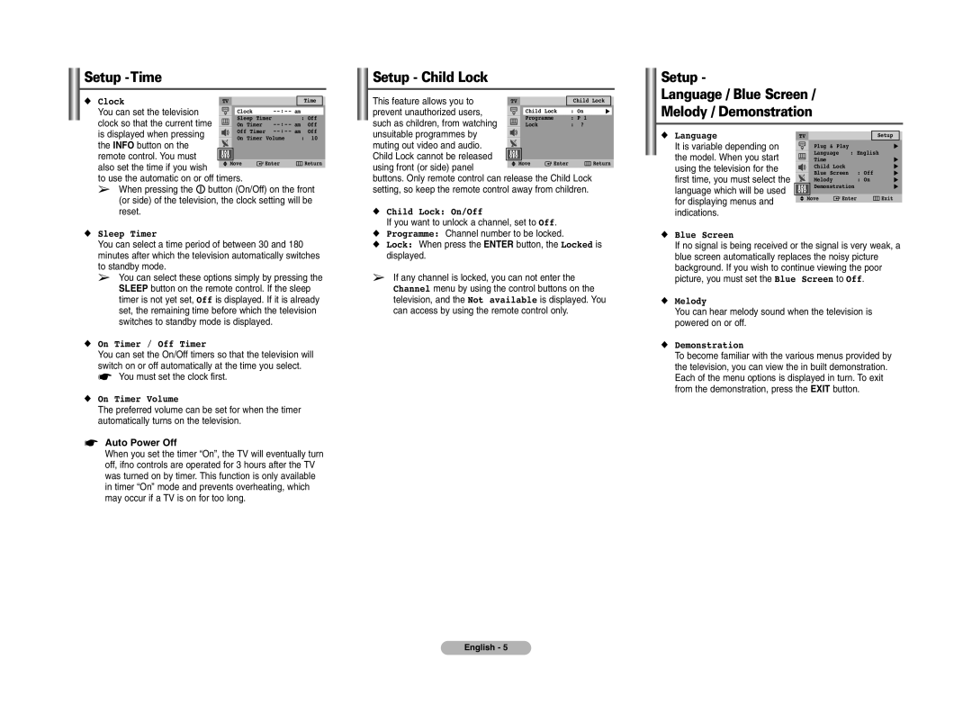 Samsung CRT Rear-Projection TV Setup -Time, Setup - Child Lock, Setup Language / Blue Screen Melody / Demonstration, Clock 